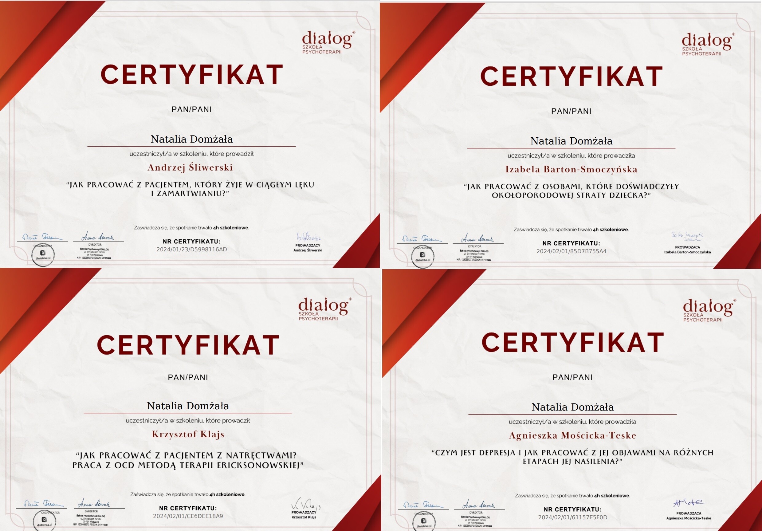 Jak pracować z pacjentem w ciągłym lęku i zamartwianiu? Jak pracować z osobami, które doświadczyły okołoporodowej straty dziecka? Jak pracować z pacjentem z natręctwami? Praca z OCD metodą terapii ericksonowskiej. Czym jest depresja i jak pracować z jej objawami na różnych etapach jej nasilenia?