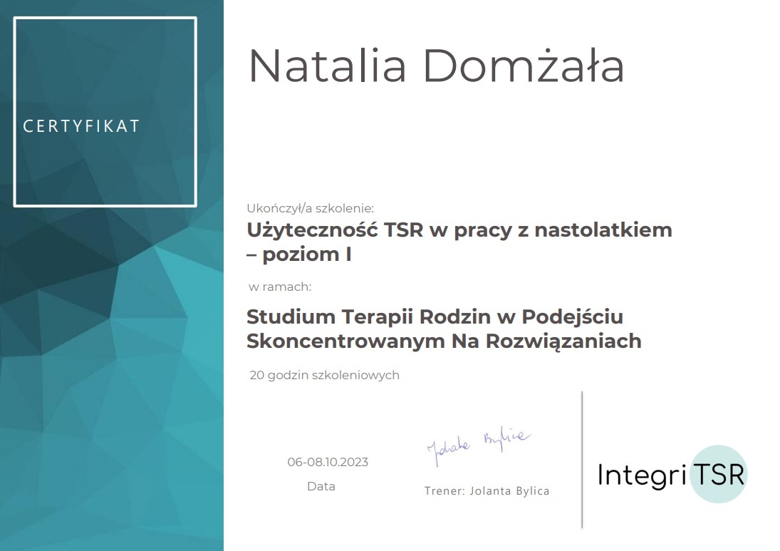 Użyteczność TSR w pracy z nastolatkiem - poziom 1